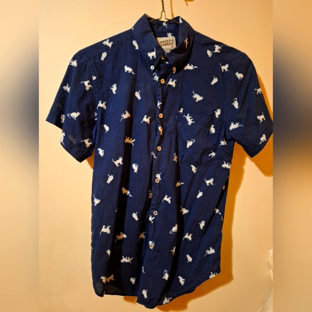 Naked & Famous Japanese Fabric Hand Drawn Cats Woven SS Shirt